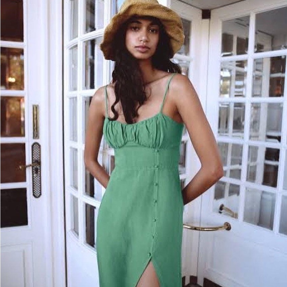 Zara Green Spaghetti Strap Button Split Midi Dress - image 2